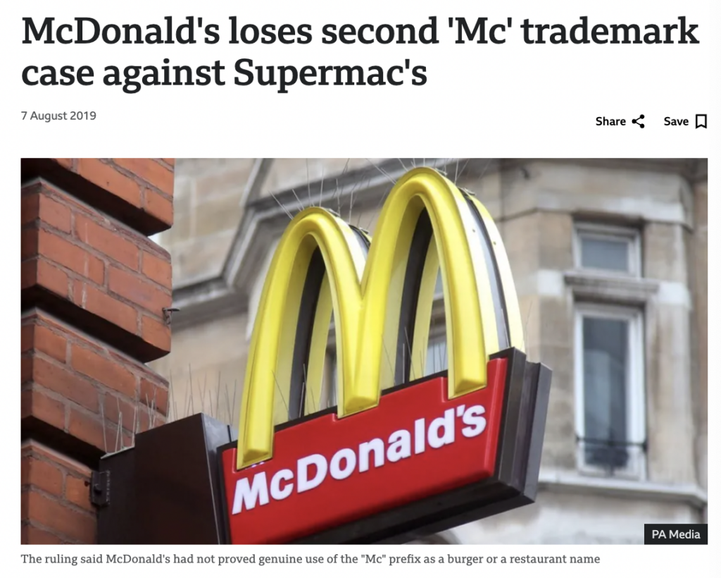 McDonald's loses a trademark case against Supermac's, featuring a McDonald's logo on the side of a building as part of the news article.